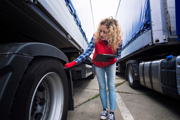 Woman-driver-inspecting-truck